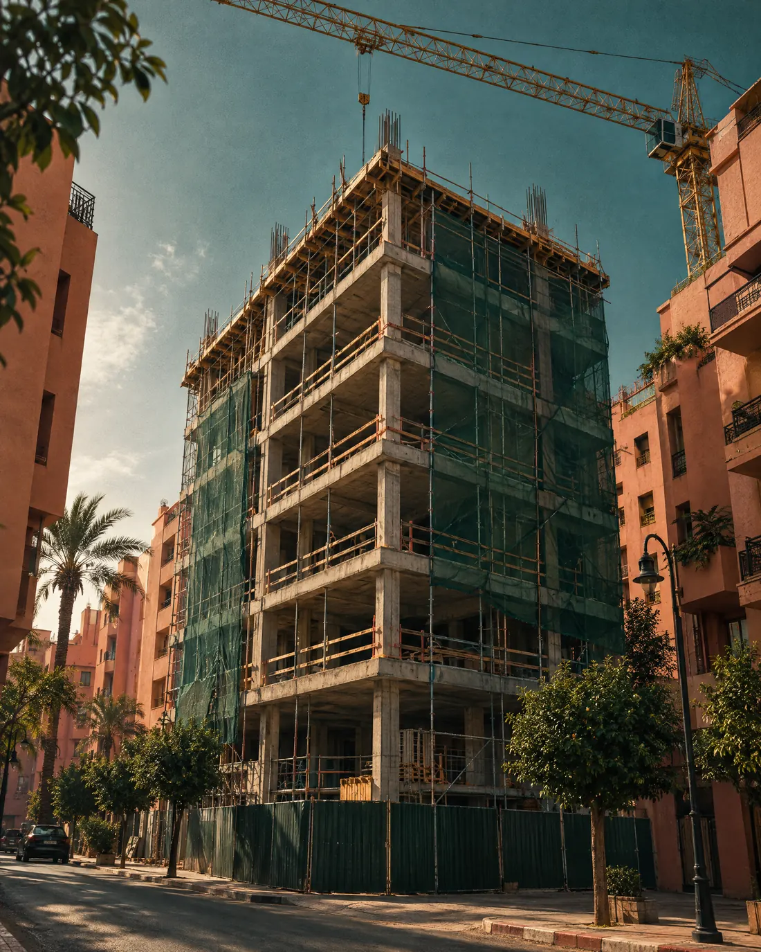Ossature béton d'un immeuble R+5 en construction à Guéliz